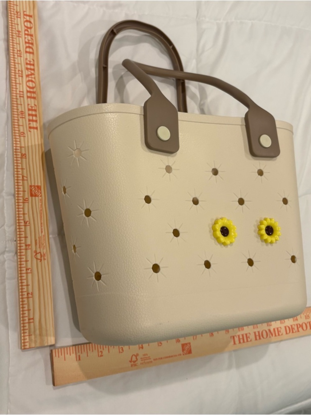 Tan cream Women's Tote Bag with Brown Handles and Yellow Flower Accents - Picture 2 of 8